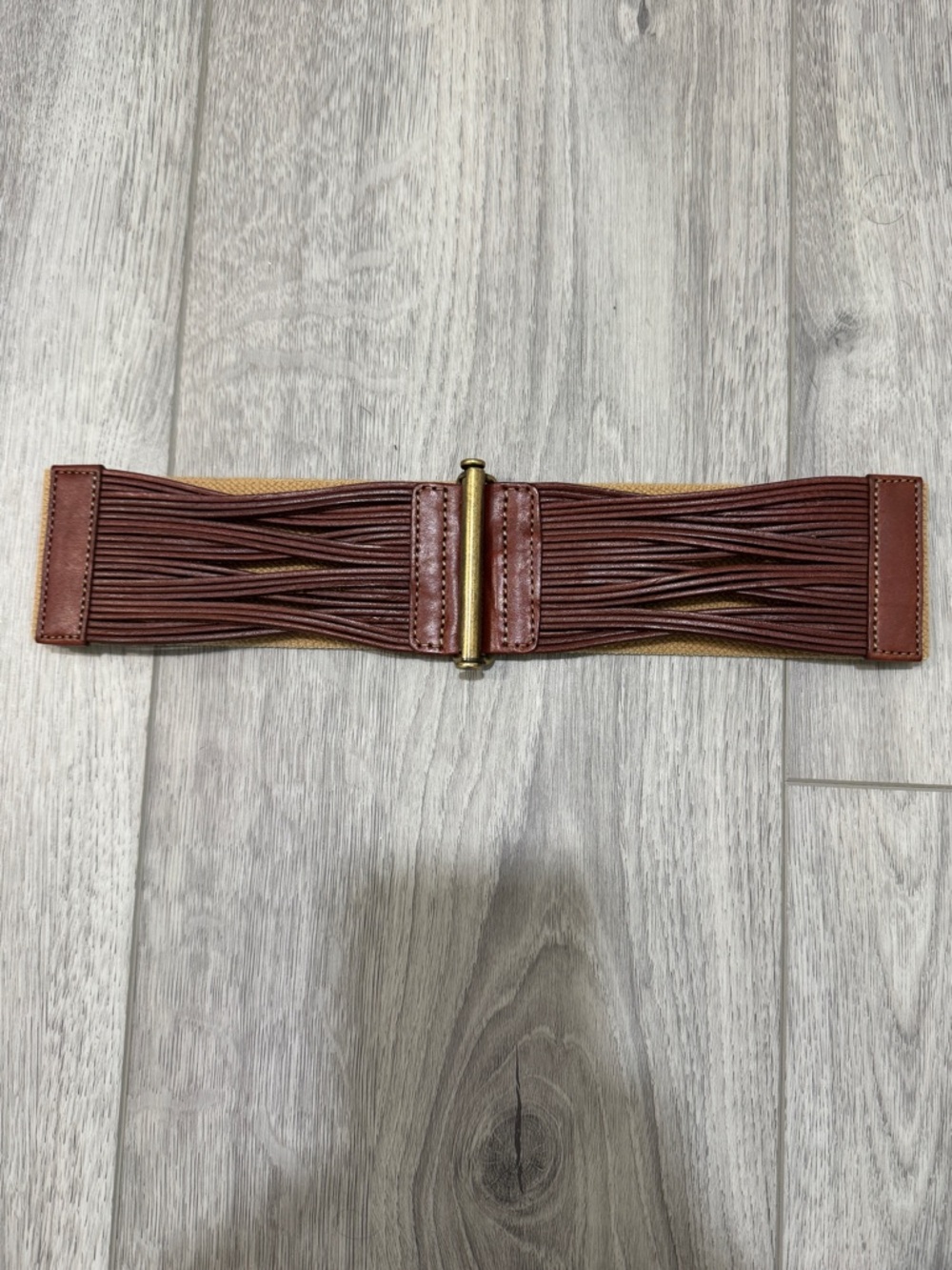 Brown Elastic Braided Stretch Waist Belt with Gold Buckle